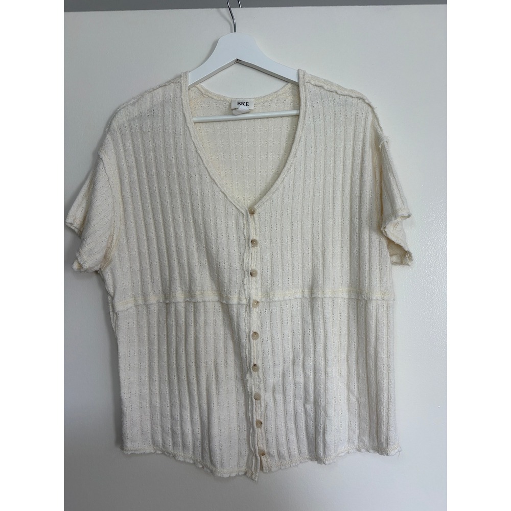 BKE Short Sleeve Top Medium Cream Pointelle Knit Button Up V-Neck Top